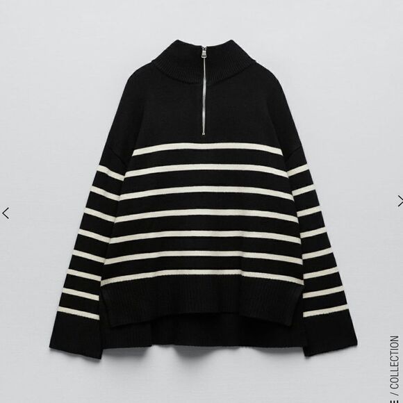 NWT Zara Black Striped Sweater Quarter Zip Blogger Favorite Small - Picture 4 of 13